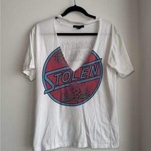 Forever 21 White Short-Sleeve V-Neck Graphic Tee with Red & Blue Logo